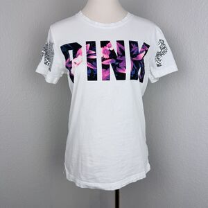 Victoria's Secret PINK Women's White Floral Bling Campus Tee Size XSmall